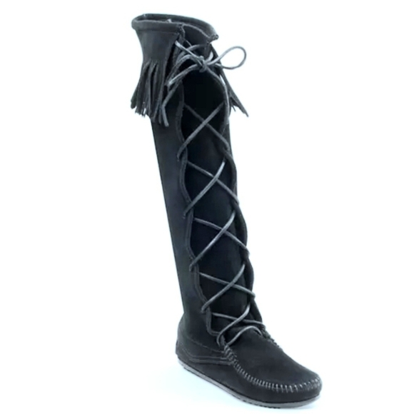 Minnetonka 1968 Blk Suede Front Lace Up Knee High Fringe Moccasin Boots 8-9 NWOT - Picture 14 of 16